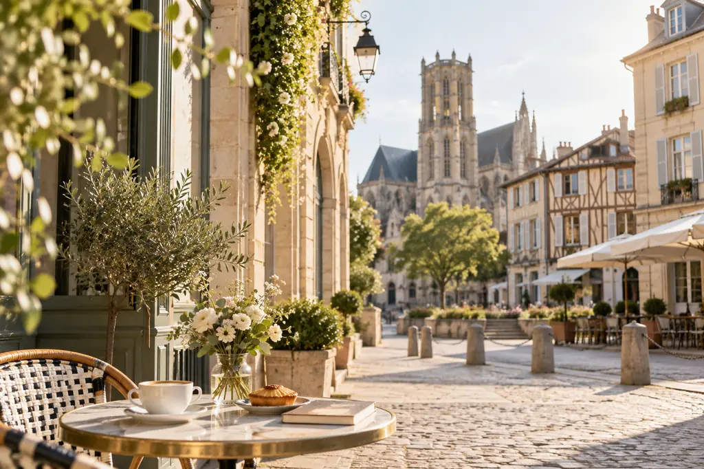 Terrasse élégante et fleurie dans le centre historique de Limoges avec vue sur un monument emblématique