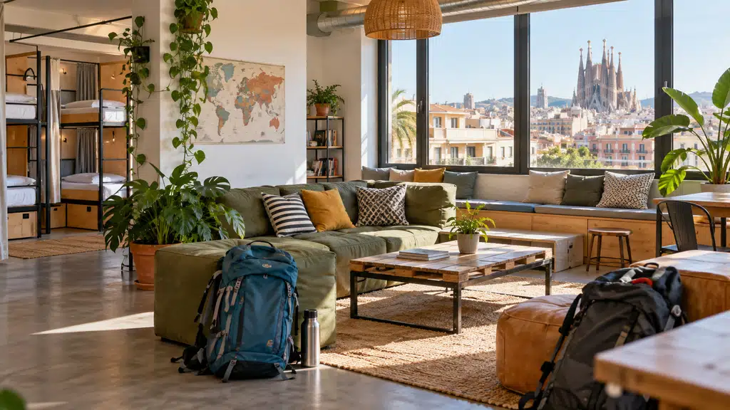 Espace commun lumineux d’une auberge de jeunesse à Barcelone