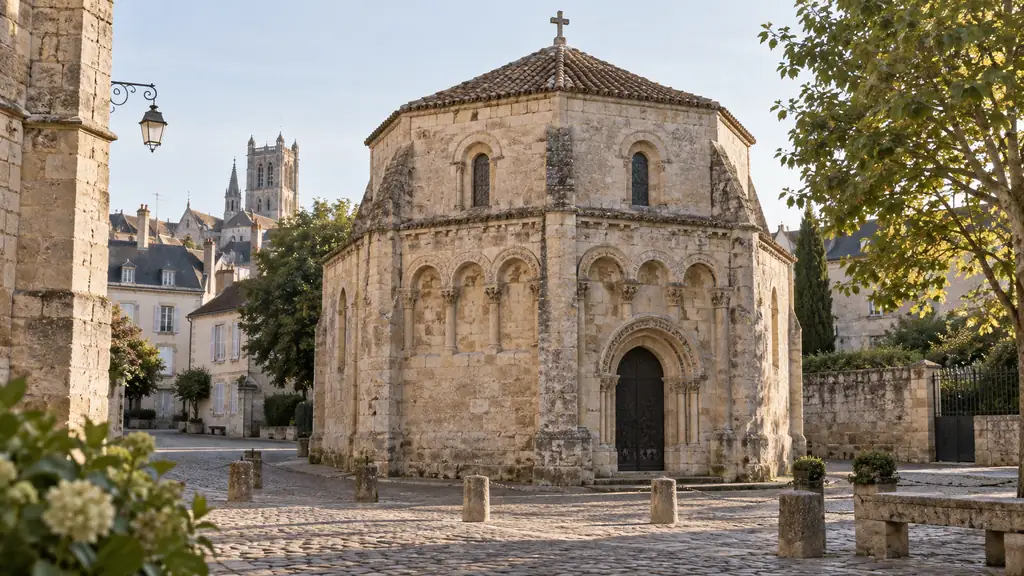 Ancien baptistère Saint-Jean en pierre sur une place calme de Poitiers