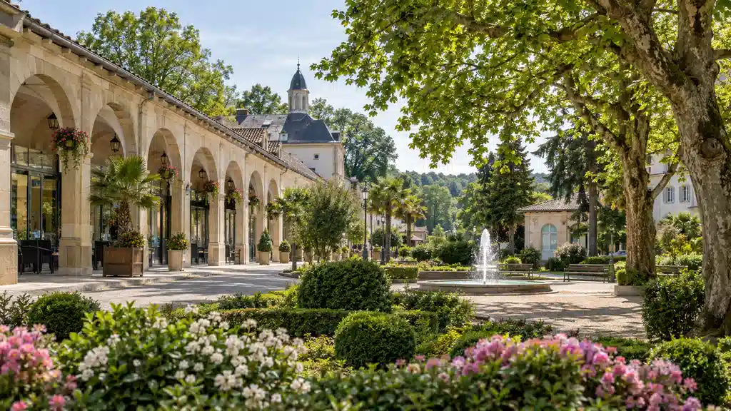 Jardin thermal arboré et galerie à Barbotan-les-Thermes