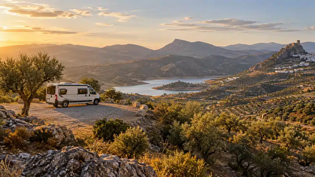 Camping-car stationné sur une aire autorisée dans un paysage espagnol