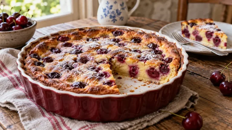 Clafoutis limousin aux cerises servi dans un plat en céramique