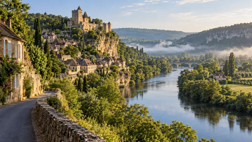 Village et château dominant la rivière Dordogne dans une vallée verdoyante