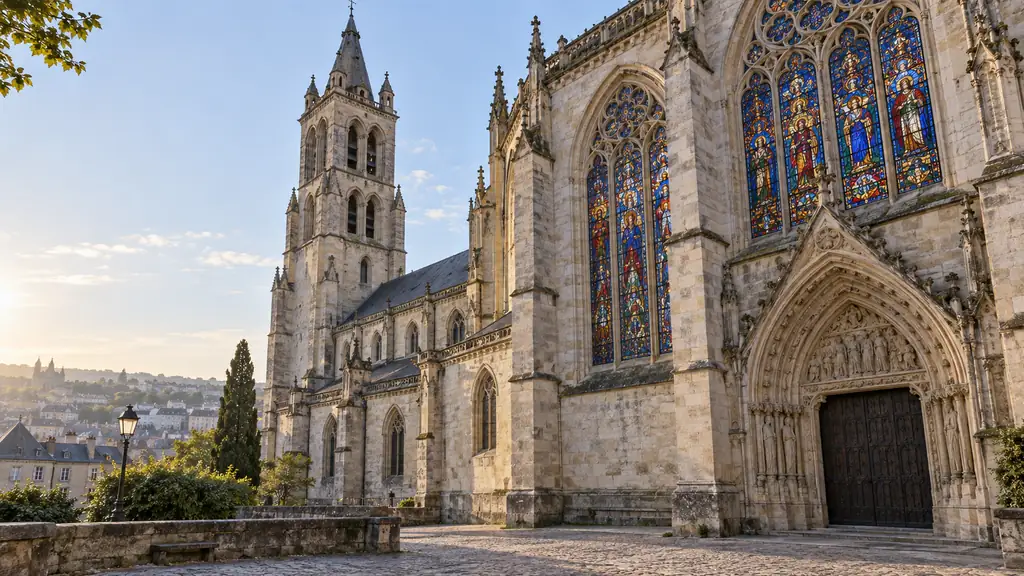 Église historique de Limoges en pierre avec de grands vitraux colorés