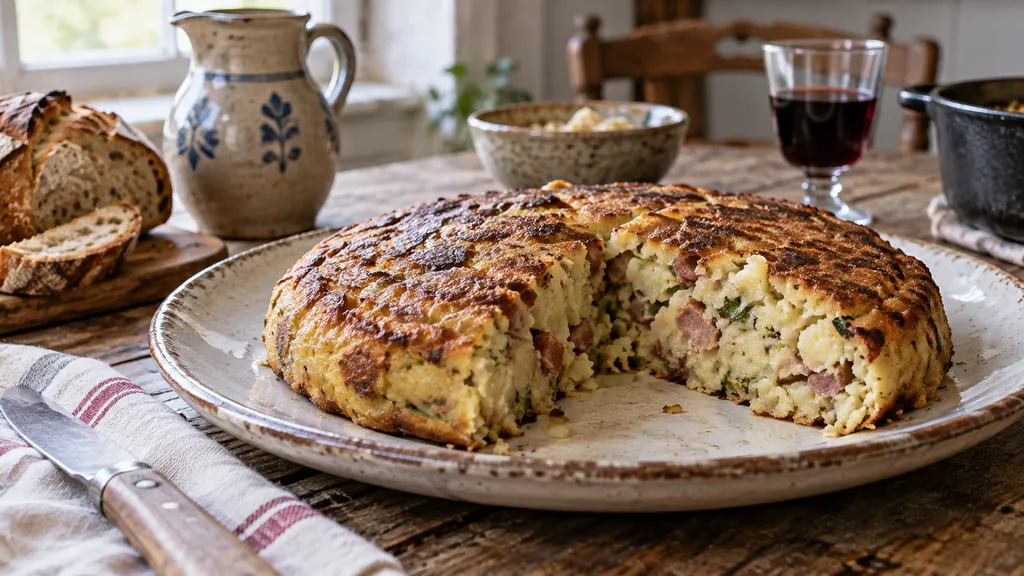 Farcidure de pommes de terre coupée sur une table rustique