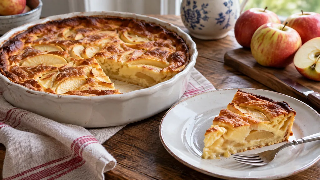 Flognarde dorée aux pommes cuite dans un plat en céramique