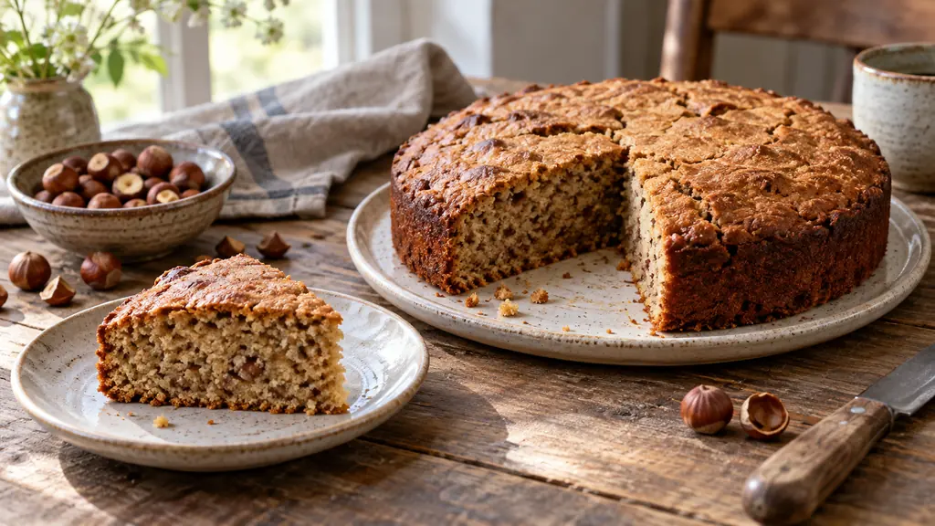 Gâteau creusois aux noisettes découpé sur une table en bois