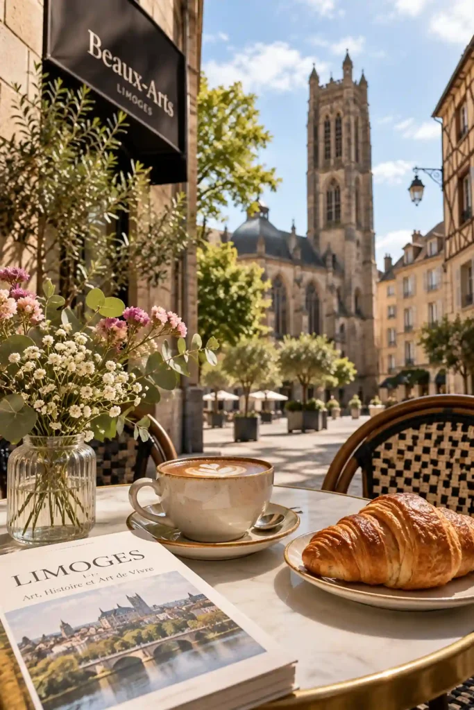 Terrasse ensoleillée à Limoges avec café, croissant et vue sur le patrimoine historique de la ville