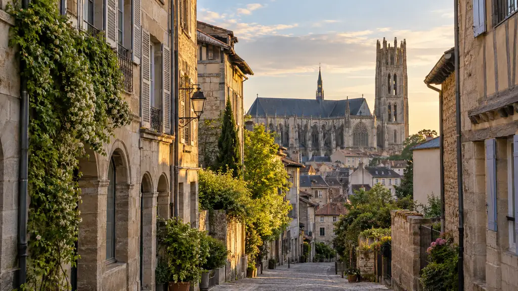 Ruelle ancienne du centre historique de Limoges avec la cathédrale en arrière-plan