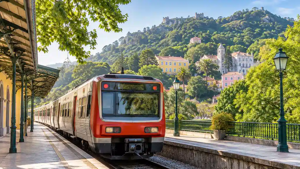 Train régional arrivant dans une gare verdoyante près de Sintra