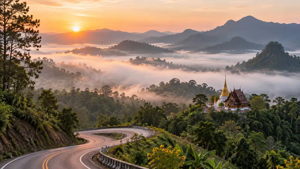 Route de montagne dans la brume près de Mae Hong Son en Thaïlande