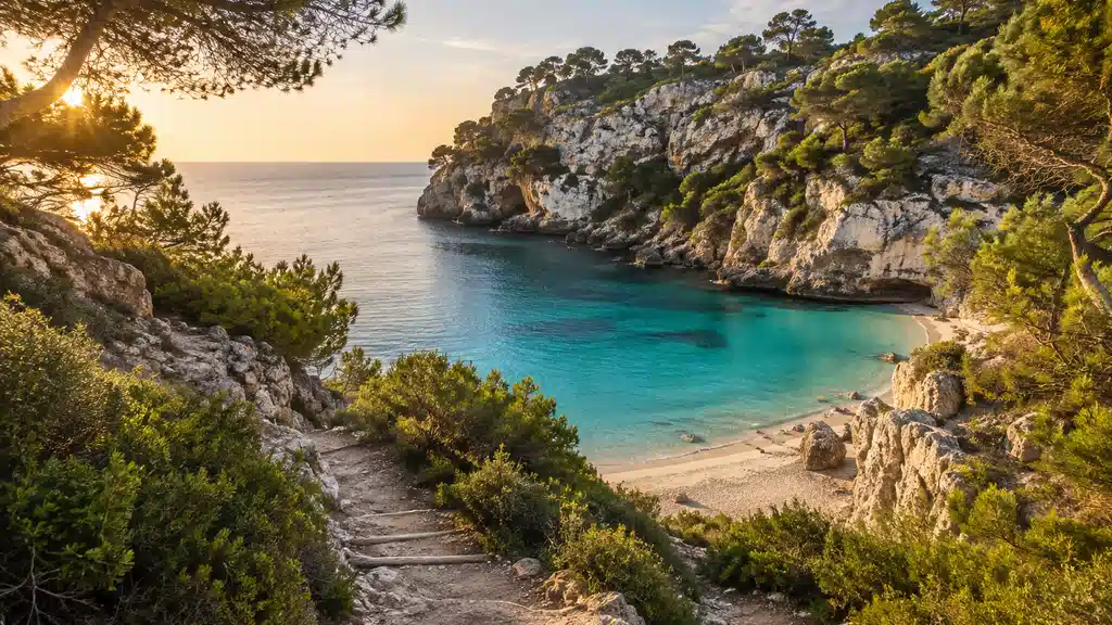 Crique turquoise de Minorque bordée de falaises calcaires et de pins