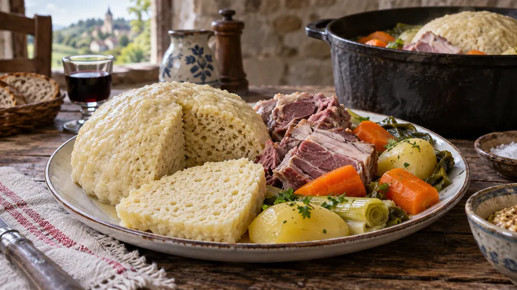 Mique corrézienne tranchée servie avec petit salé et légumes du bouillon