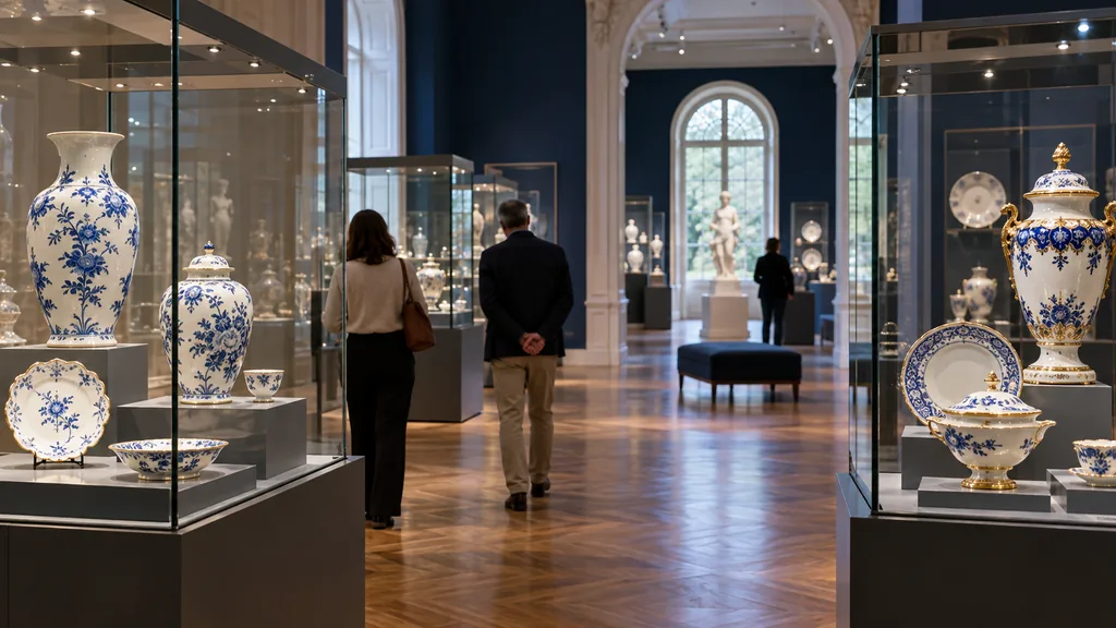 Visiteurs devant des vitrines de porcelaine au musée de Limoges