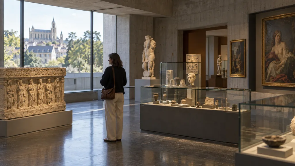 Visiteuse observant des collections d’art et d’archéologie dans un musée de Poitiers