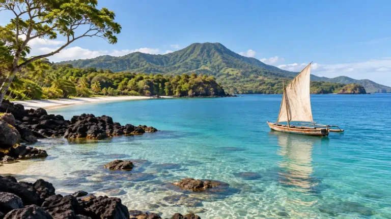 Baie tropicale de Nosy Be avec voilier traditionnel et reliefs verdoyants
