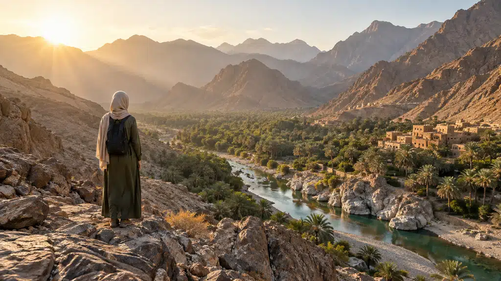 Voyageuse en tenue couvrante face aux montagnes et à un wadi d’Oman