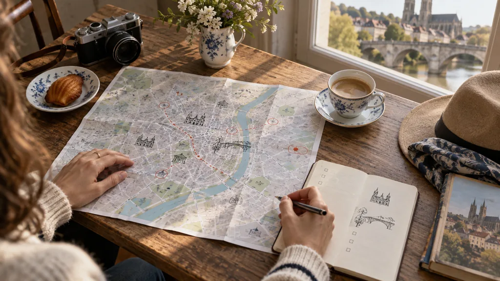 Carte de Limoges dépliée sur une table avec un carnet de voyage