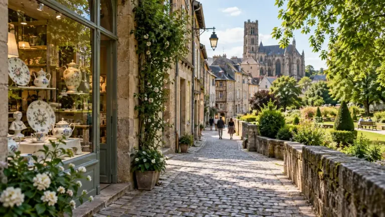 Promenade dans une rue de Limoges bordée de boutiques de porcelaine et de bâtiments anciens