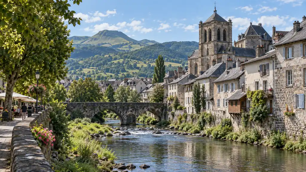 Centre ancien d’Aurillac au bord de la Jordanne avec les montagnes du Cantal