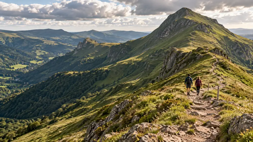 Randonneurs sur une crête volcanique dans les monts du Cantal