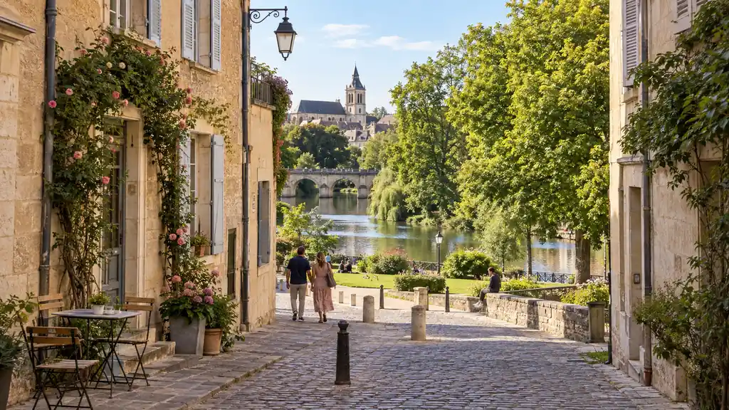 Rue historique de Châteauroux ouvrant sur un parc arboré et une rivière