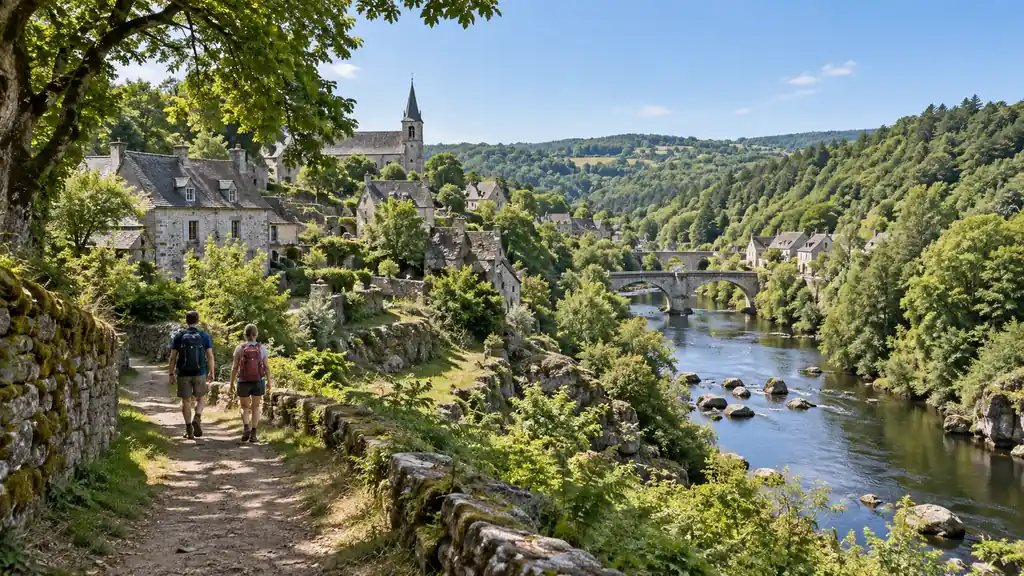 Randonneurs dominant une vallée boisée et une rivière en Creuse