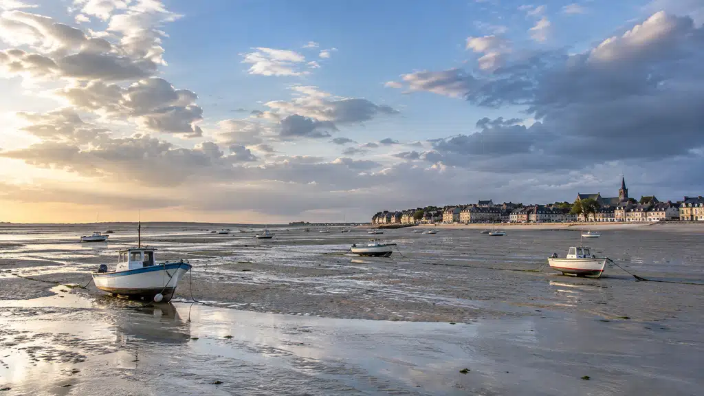 Bateaux sur la baie de Somme au large du Crotoy à marée basse