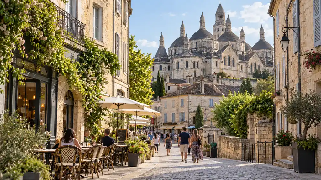 Rue ancienne de Périgueux avec les dômes de la cathédrale Saint-Front
