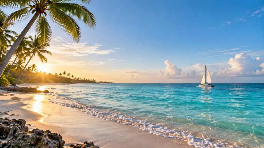 Plage tropicale et voilier au lever du jour à Punta Cana