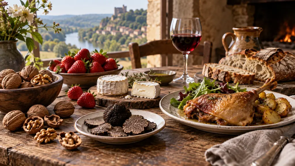 Table de spécialités du Périgord avec noix, truffe, fraises, fromage et canard
