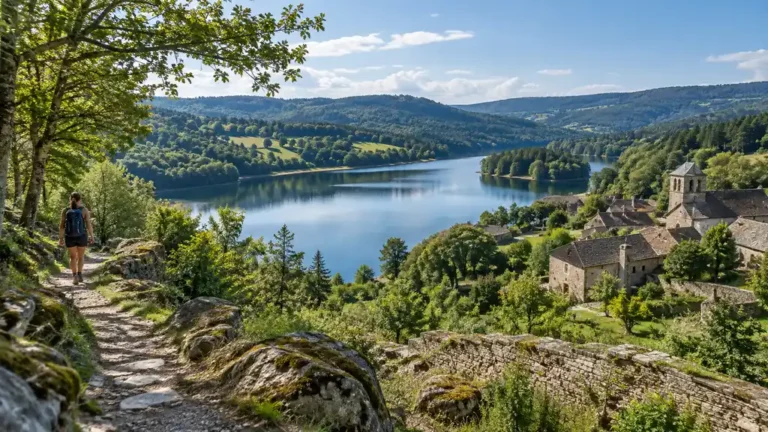 Lac entouré de forêts et de collines en Haute-Vienne