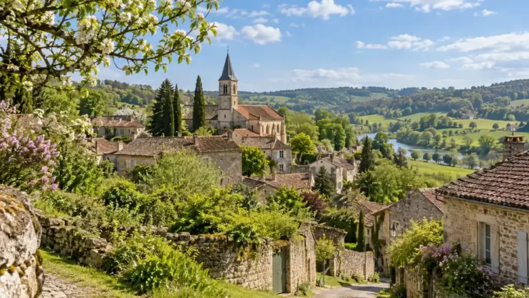 Village fleuri sur une colline verdoyante près de Limoges