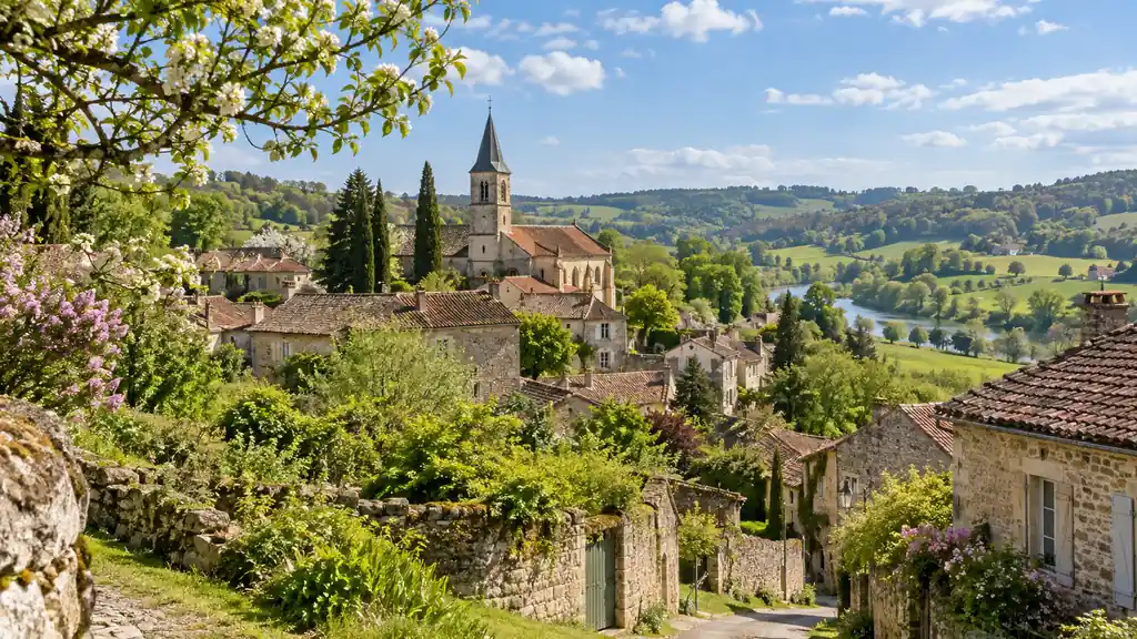 Village fleuri sur une colline verdoyante près de Limoges