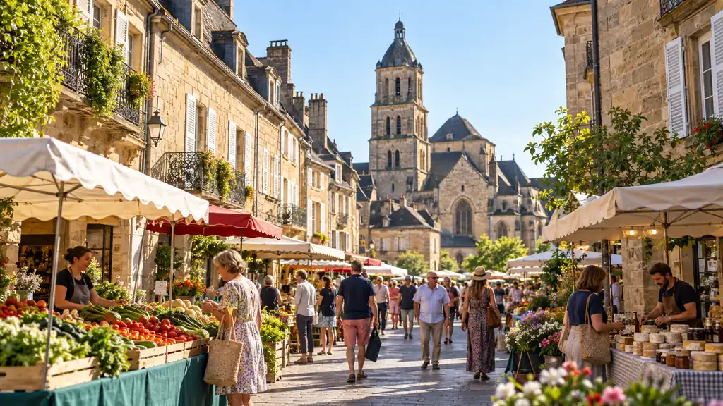 Marché animé devant les bâtiments anciens du centre de Brive-la-Gaillarde