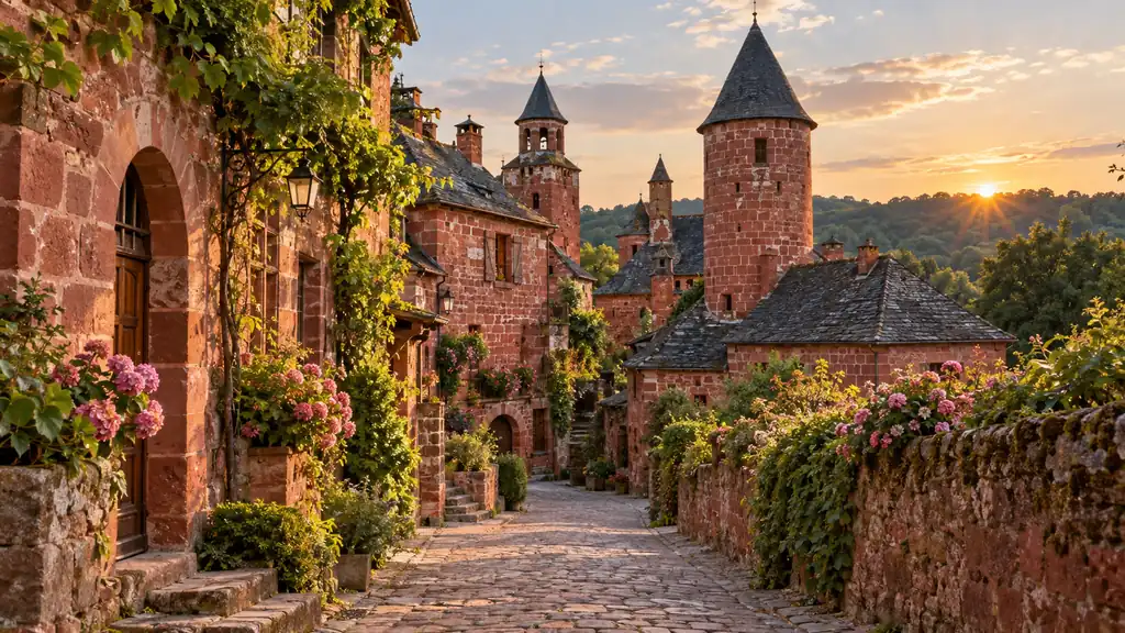 Maisons de grès rouge et tour ancienne à Collonges-la-Rouge au coucher du soleil