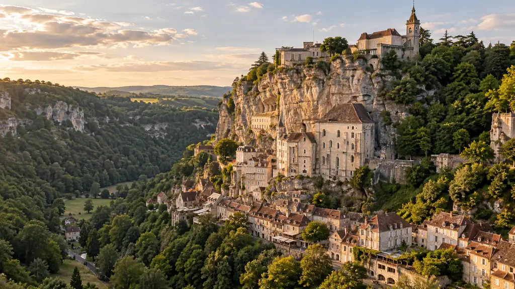 Village sanctuaire de Rocamadour accroché à la falaise au-dessus de la vallée